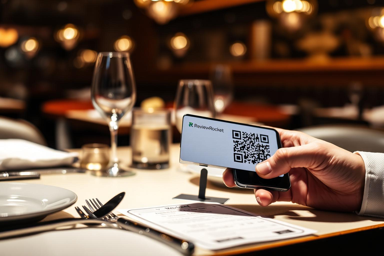 QR Code Google Review ReviewRocket sur une table de restaurant