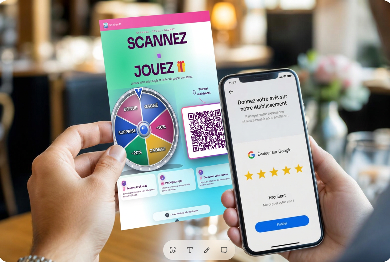 Flyer QR Code ReviewRocket personnalisé pour restaurant scanné par un smartphone affichant une notation Google 5 étoiles