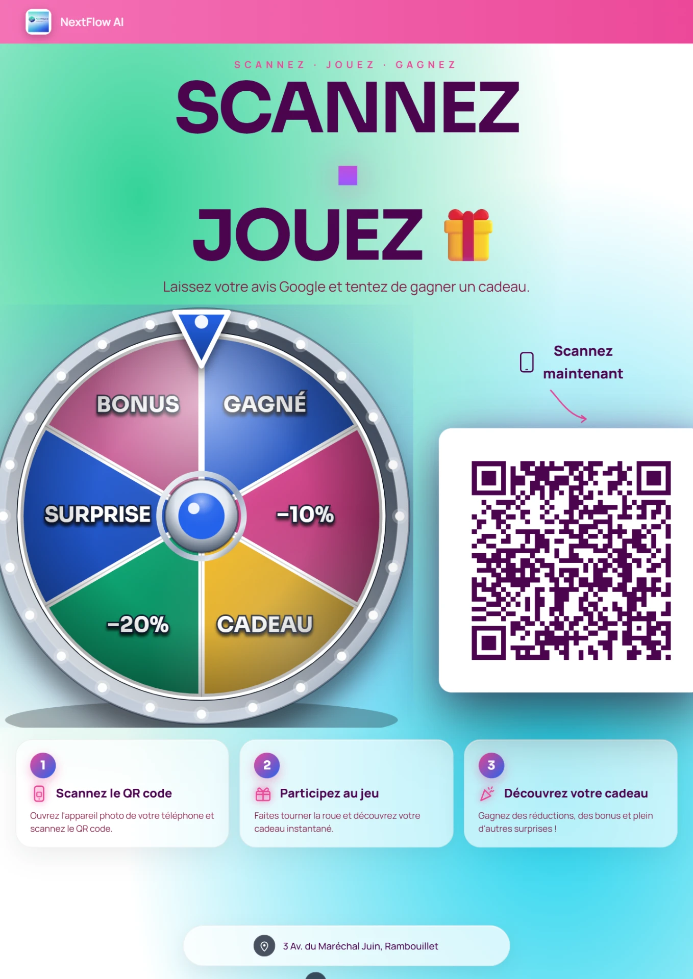 Flyer ReviewRocket avec roue de la chance et QR code à scanner